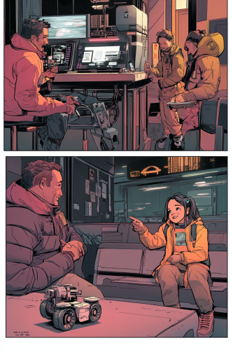 Settlement restaurant scene with adults and child exploring robots.