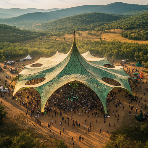 Shade structure for Ozora Festival with modern leaf shape.