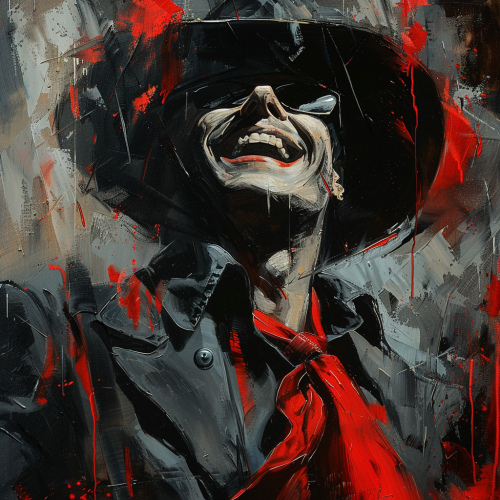 Shadow in fedora, red scarf, laughing with guns, dramatic.