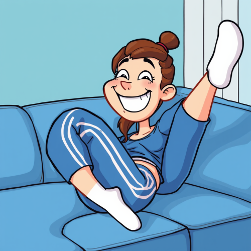 Sharon Spitz Lookalike Smiling on Blue Sofa