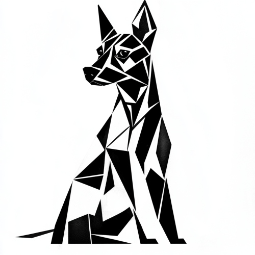 Sharp, geometric dog with angular features in black and white.