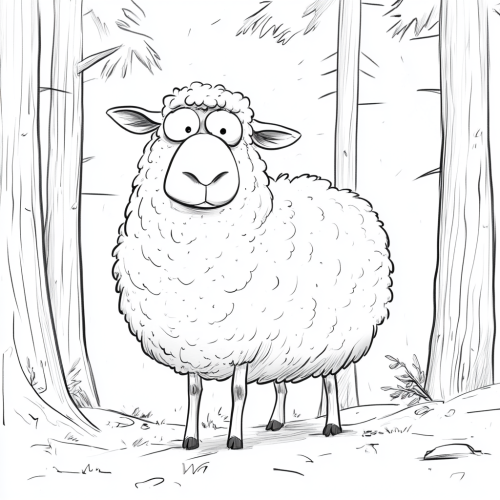Sheep in forest, smiling, white background, black and white.