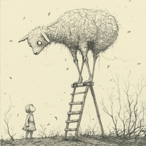 Sheep-like creature on ladder with child, eerie setting.