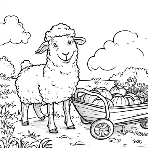Sheep standing in a garden next to wheelbarrow.