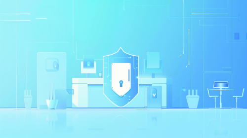 Shield protecting data in futuristic office with holographic screens. Shield protecting data in futuristic office with holographic screens.