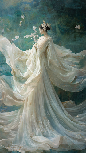 Shimmering White Dress with Green and Pearls