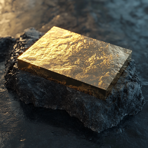 Shimmering gold plate on dark gray prism