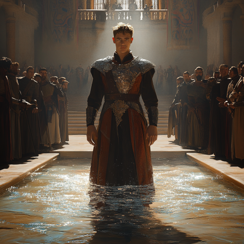 Shimmering man in royal chamber with water-like appearance