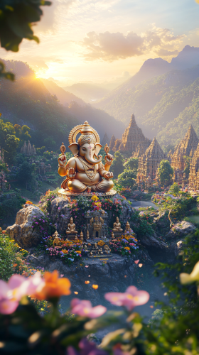 Shining Ganesh idol in lush valley with Hindu temple