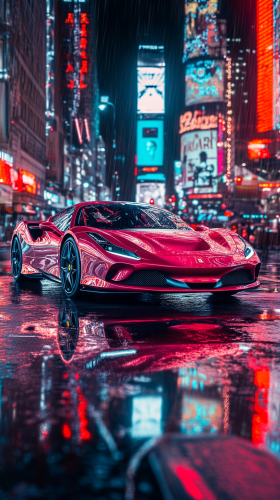 Shiny Ferrari in city with reflections, skyscrapers, neon lights.