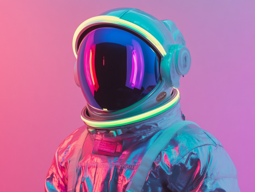Shiny astronaut suit with neon lights on display