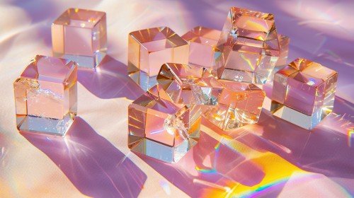 Shiny crystal cubes stacked with rainbow reflections