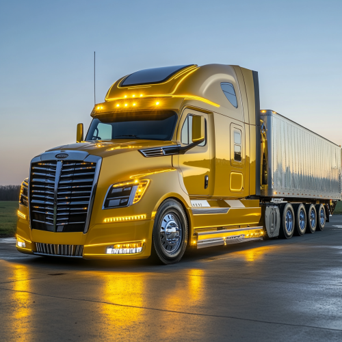 Shiny yellow semi-truck with modern design, reflective details