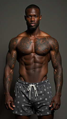 Shirtless African American Man with Tattoos in Pajamas