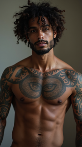 Shirtless Tattooed Man with Urban Hairstyle