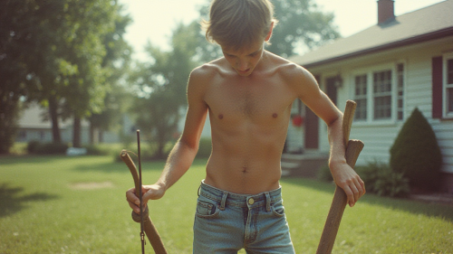 Shirtless Teen Doing Yard Work in 1980s Suburb