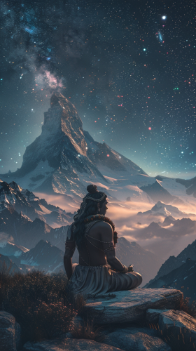 Shiva Meditates in Celestial Energy, Surrounded by Mountains
