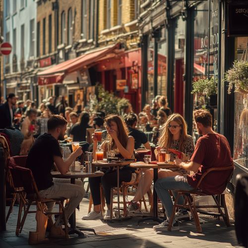 Shoreditch Summer Cafe Scene: People Chatting, Drinking Coffee Shoreditch Summer Cafe Scene: People Chatting, Drinking Coffee