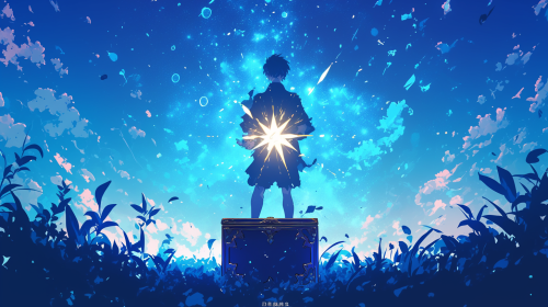 Silhouette man opening treasure chest with vibrant anime colors.