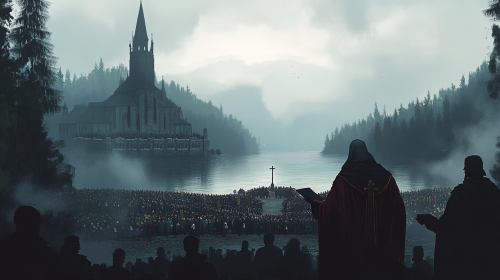 Silhouette of bishop speaks to crowd in foggy town