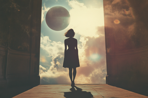 Silhouette of woman at doorway between new worlds