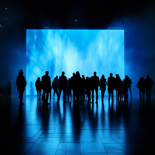 Silhouettes of People in Bright Exhibition Atmosphere