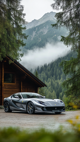 Silver Ferrari 812 Superfast near foggy mountain cabin.