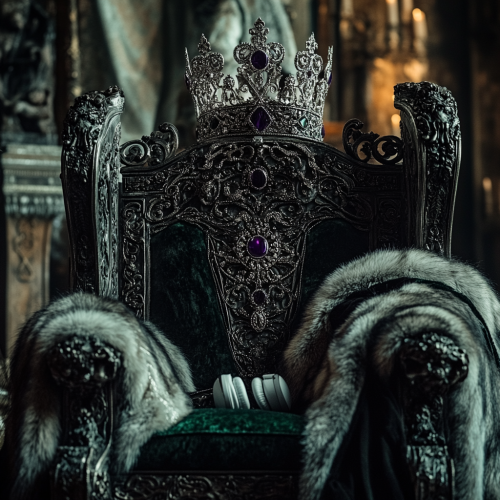 Silver King’s crown with jewels and white headphones.