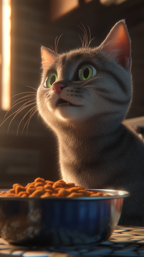 Silver tabby cat looks away from food bowl.