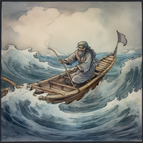 Sinbad Fights Waves on Raft in Dark Sea