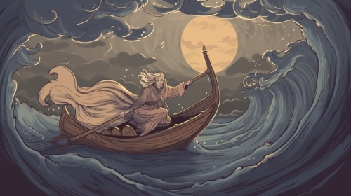 Sinbad battles waves on wooden float in fantasy