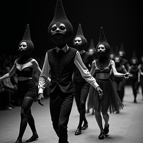 Sinister Circus Dancers in Beaded Headdress Ballroom