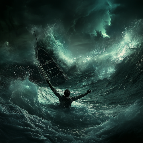 Sinking Boat in Stormy Ocean, Survivor Struggling