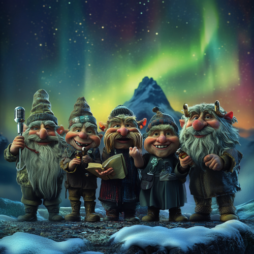 Six Icelandic Troll Characters Under Northern Lights