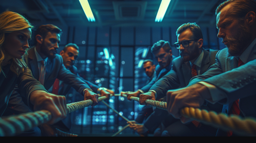Six men and a woman playing tug-of-war in office