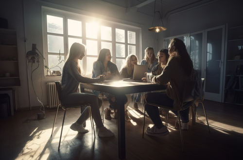 Six office workers laughing together at laptop
