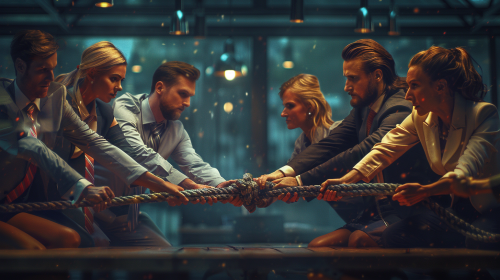 Six professionals tug-of-war game in office setting
