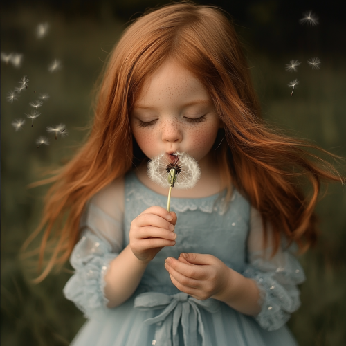 Six-year-old girl with freckles and brown eyes, holding dandelion.