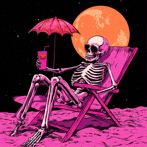 Skeleton relaxing in beach chair with drink under moon. Skeleton relaxing in beach chair with drink under moon.
