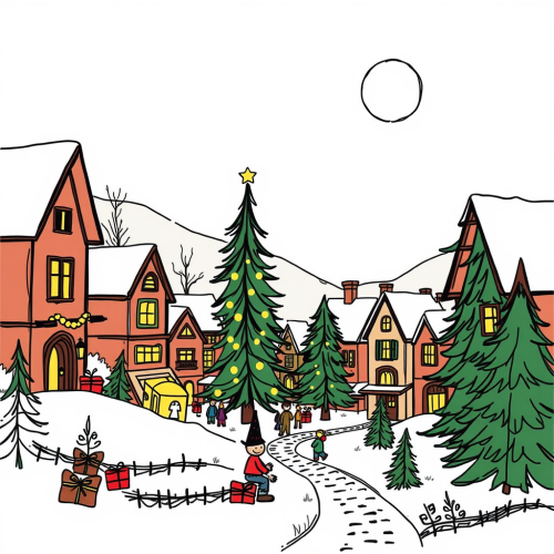 Sketch of Christmas village with small houses.