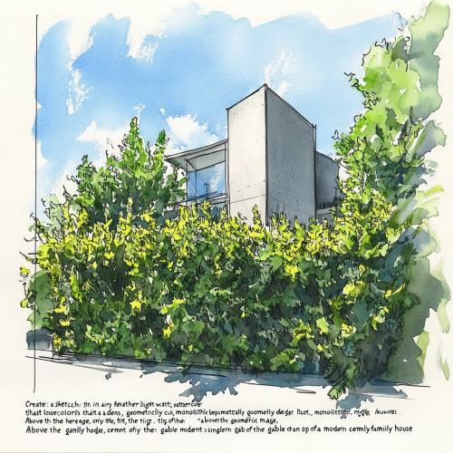 Sketch of dull laurel hedge with tip of house.