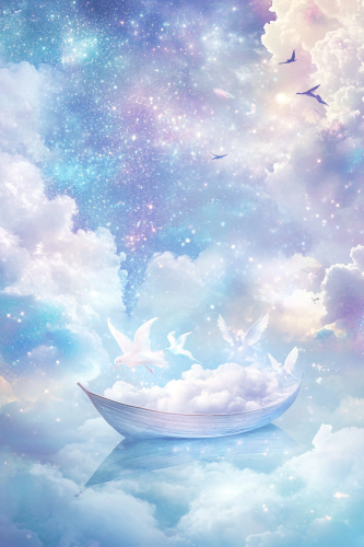 Sketch of floating cloud boat in star-filled night.