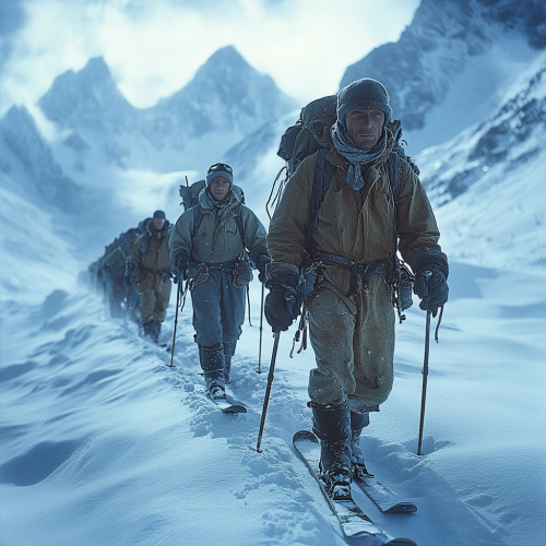 Skiers in 1950s gear on snowy mountain journey.