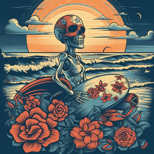 Skull, rose, surfboard, skateboard on vibrant beach scene illustration.