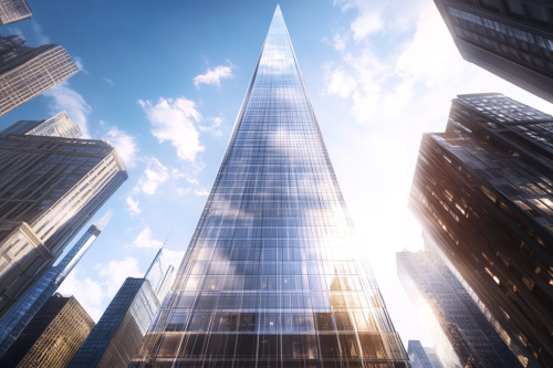 Skyscraper Reflecting Sunlight Among Tall City Buildings