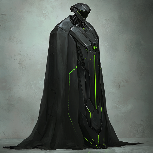 Sleek, 15ft tall mech in black cloak with hexagons.