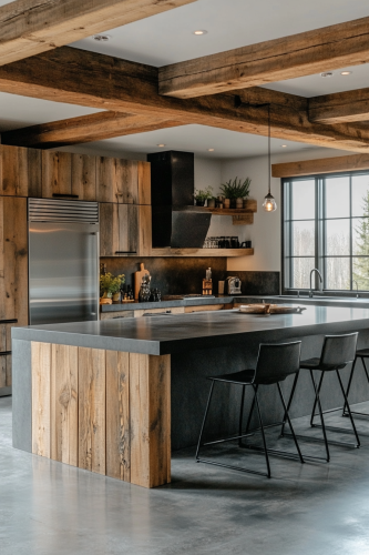 Sleek Rustic Retreat Kitchen with Polished Concrete Floors