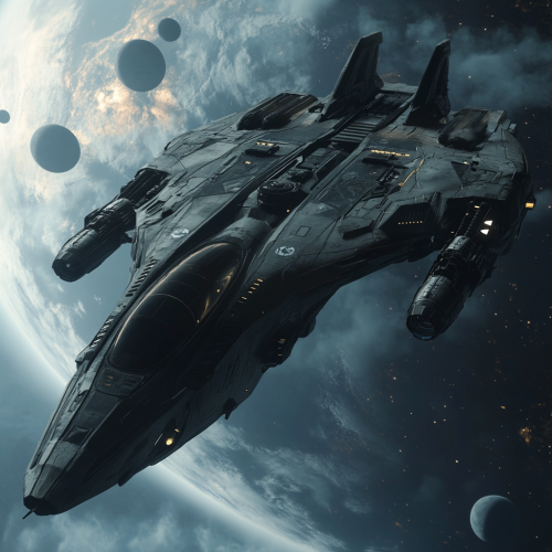 Sleek space gunship with black cloud decals in orbit. Sleek space gunship with black cloud decals in orbit.