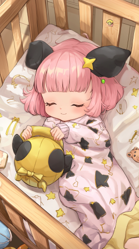 Sleeping Baby Anya in chibi style with Chimera doll. Sleeping Baby Anya in chibi style with Chimera doll.