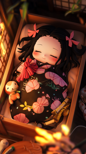 Sleeping baby Nezuko in cute crib surrounded by plush toys.